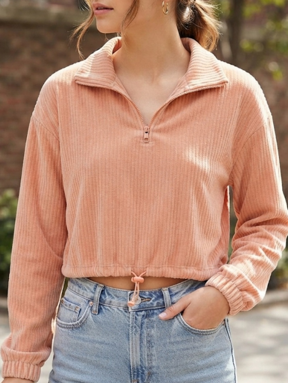 Forever 21 Peach Ribbed Half-Zip Drawstring Cropped Sweatshirt-S